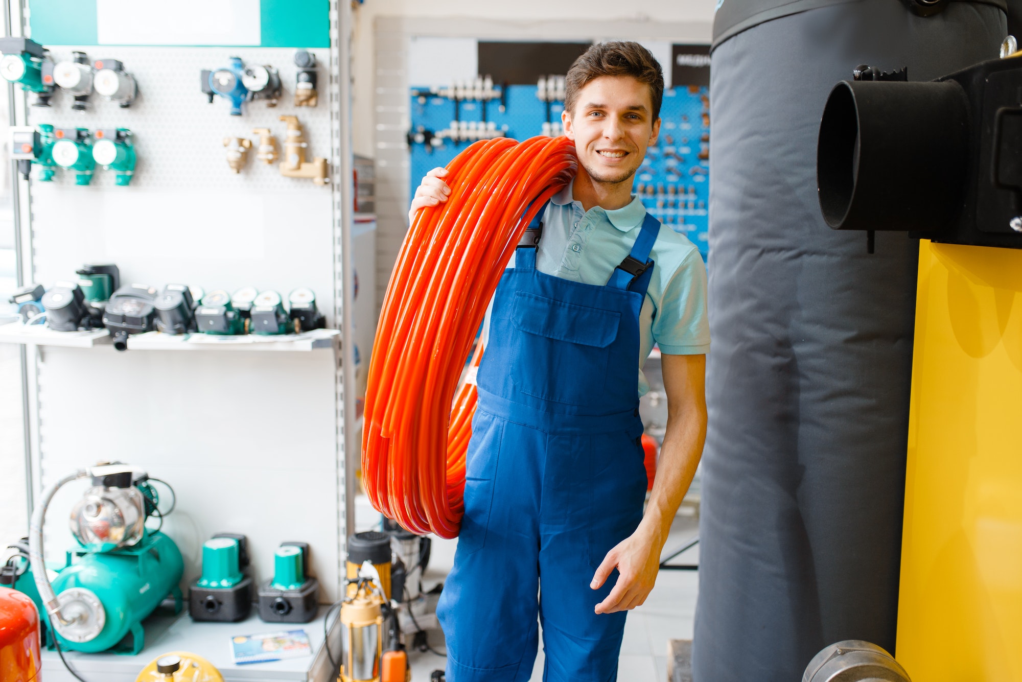 Plumber holds pipe roll in plumbering store